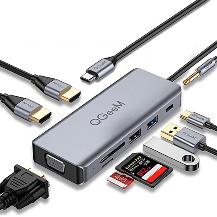 QGeeM 9 In 1 USB-C/Type-C Docking Station Hub VGA+2xHDMI+PD 87W+USB2.0/USB3.0+SD/Micro SD+3.5mm, VGA Version