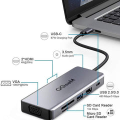 QGeeM 9 In 1 USB-C/Type-C Docking Station Hub VGA+2xHDMI+PD 87W+USB2.0/USB3.0+SD/Micro SD+3.5mm, VGA Version