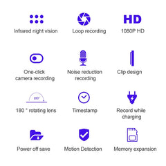 B18 Back Clip Design 1080P HD Camera Recording Pen, Support Motion Detection / Infrared Night Vision /180 Degrees Rotation Camera / TF Card