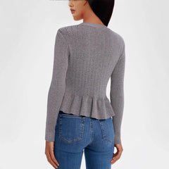 Button Ruffled Bell Sleeve Slim Fit Waist-controlled Slimming Top