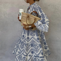 Autumn Casual Print Vacation Loose Dress Women Fashion V-neck Flare Sleeve Elegant Ruffle Shirt Dress Female Vintage Loose Dress