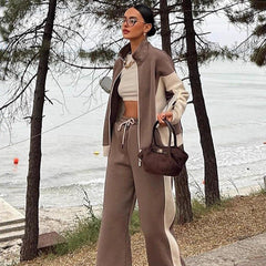Casual Retro Contrast Color Long Sleeves Zipper Coat And Trousers Two-piece Set