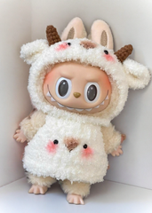Labubu Fluffy Goat Costume Set - Cream White Onesie with Horns (17cm)