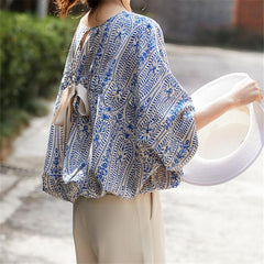 Women's Refreshing Loose Batwing Sleeve Back Lace-up Bow Floral Shirt Top