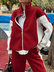 Casual Retro Contrast Color Long Sleeves Zipper Coat And Trousers Two-piece Set