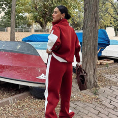 Casual Retro Contrast Color Long Sleeves Zipper Coat And Trousers Two-piece Set