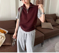 Retro Half Zipper Sleeveless Knit Vest