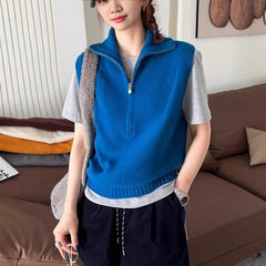 Retro Half Zipper Sleeveless Knit Vest