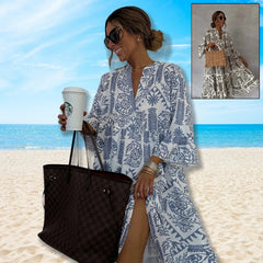 Autumn Casual Print Vacation Loose Dress Women Fashion V-neck Flare Sleeve Elegant Ruffle Shirt Dress Female Vintage Loose Dress