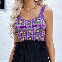 Hand Hook Flower Stitching Cotton Yarn Fabric Purple Sleeveless Dress