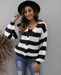 Women's Cardigan Striped Button Stitching Woven Sweater