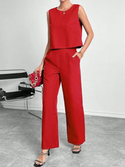 Round Neck Sleeveless Top Wide Leg Pants Two-piece Set