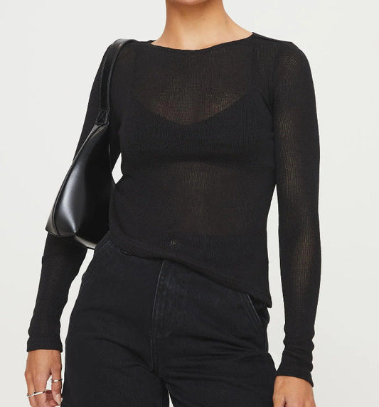 Mesh Round Neck Slim And Ultra-thin Sheer Long Sleeve Irregular T-shirt