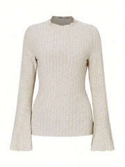 Long Sleeve Round Neck Brushed Sunken Stripe Solid Color Slim Fit Top