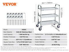 VEVOR Stainless Steel Cart 3/2/1 Layers Lab Utility Cart Medical Cart W/ Lockable Universal Wheels for Lab Clinic Kitchen Salon
