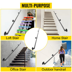 VEVOR 2-13ft Secure Pipe Stair Handrails Staircase 440lbs Handrails Carbon Steel For Wall Mount Stairs Indoors And Outdoor Black
