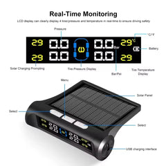 Solar Powered Wireless Tyre Pressure Monitoring System (TPMS) with 4 External Sensors – Real-Time LCD Display, USB Dual Charging, High/Low Pressure & Temperature Alerts for Cars, SUVs, Vans