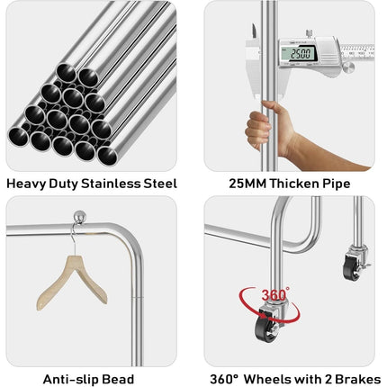 Vivo Technologies Heavy Duty Clothes Rail Freestanding Garment Rail Metal Clothes Rack on Wheels Clothing Rail Holds 100 kg for Shop Home Office Bedroom Laundry Room Indoor