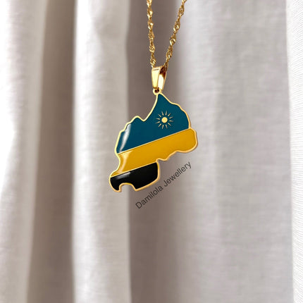 Rwanda Flag Map Necklace - Gold