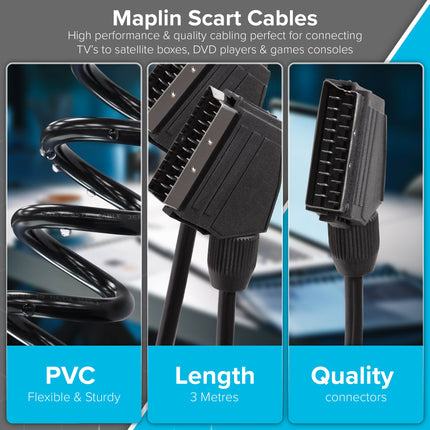 Maplin SCART to SCART 21 Pin Male to Male Connectors Cable - Black, 3m