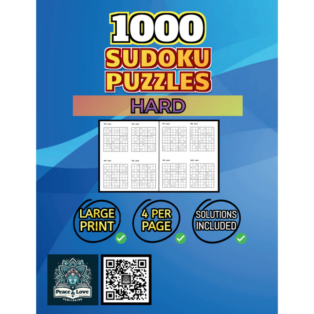 1000 HARD Sudoku Puzzles - 4 Per Page - Large Print - Solutions Included