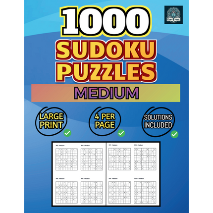 1000 MEDIUM Sudoku Puzzles - 4 Per Page - Large Print - Solutions Included