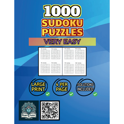 1000 VERY EASY Sudoku Puzzles - 4 Per Page - Large Print - Solutions Included