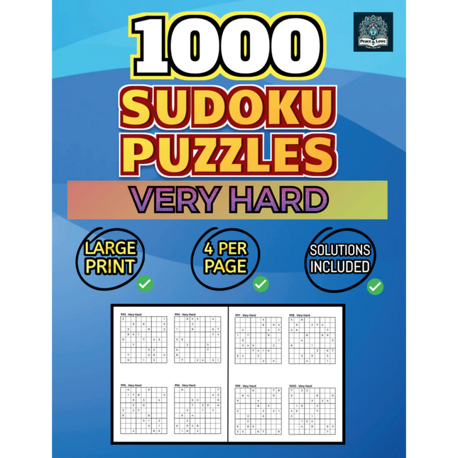 1000 VERY HARD Sudoku Puzzles - 4 Per Page - Large Print - Solutions Included
