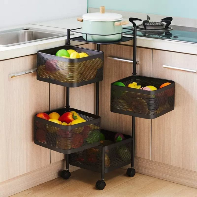 4 Layer Movable Fruit Basket Square Shape Kitchen Rack Stand in Black