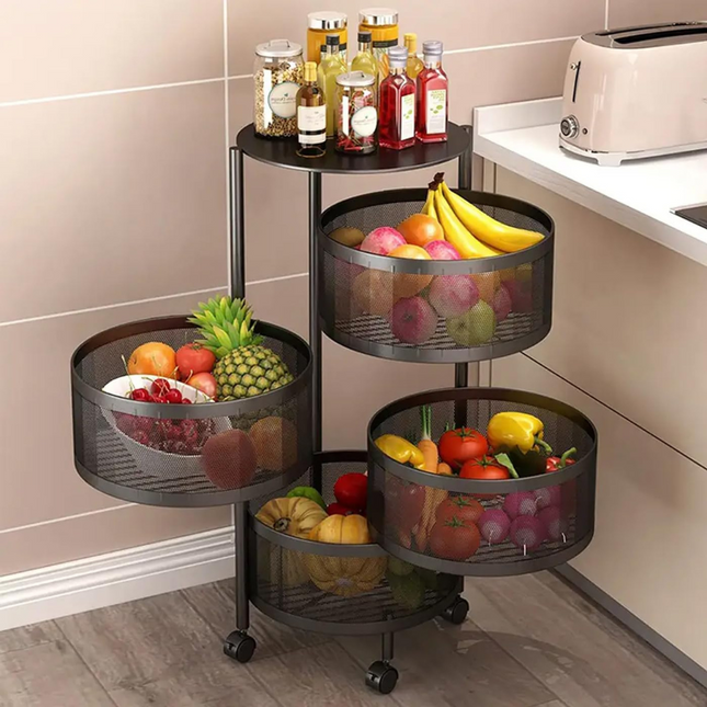 4 Layer Movable Round Fruit Basket Kitchen Accessories Rack Stand in Black