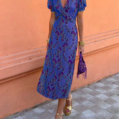 Summer V-neck Short-sleeved Dress Fashion Flowers Printed Slim Beach Dresses For Women Clothing