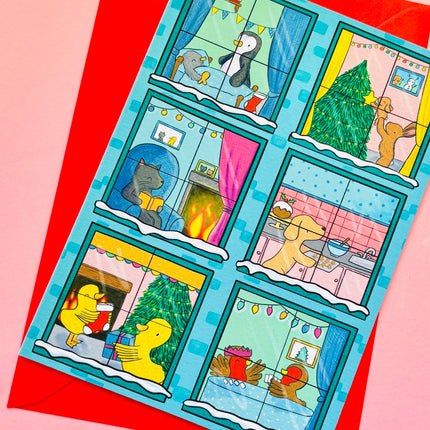 Illustrated animals Christmas scene A6 greetings card