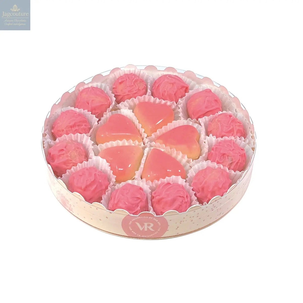 16cm round gift box of Marc de Champagne truffles and caramel filled blushed hearts