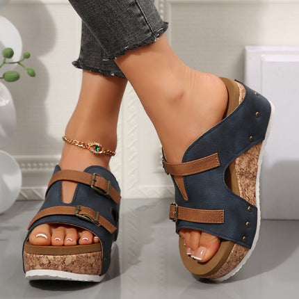 Ins Buckle Wedges Sandals Summer Fish Mouth Thick High Heel Slides Slippers Outdoor Fashion Beach Roman Shoes For Women
