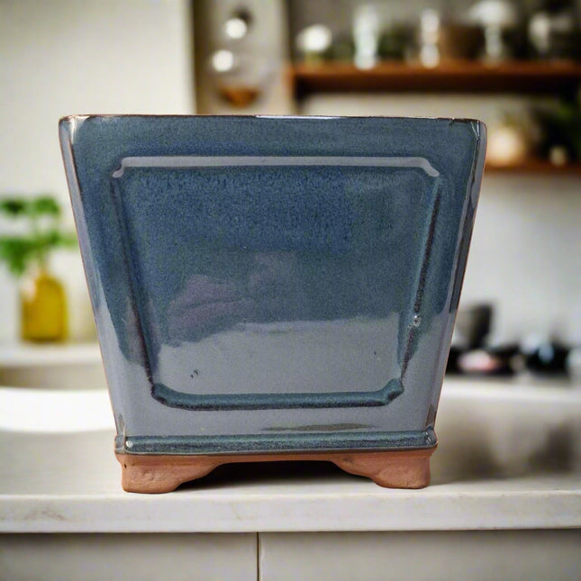 19cm Glazed Cascade Bonsai Pot | Square | 19cm x 19cm x 16cm | Blue