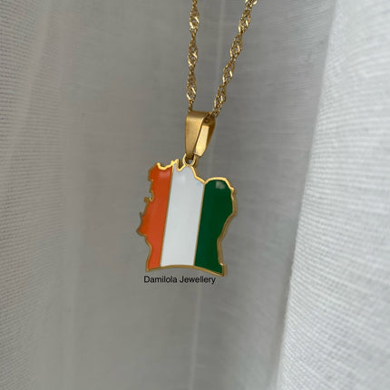 Ivory Coast Flag Map Necklace - Gold