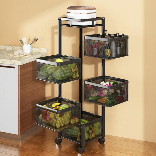 5 Layer Movable Fruit Basket Rack Square Shape Kitchen Stand in Black