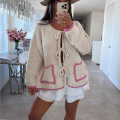 Women's Contrast Color Elegant Fashion Casual Loose Front Lace-up Pocket Knitted Cardigan