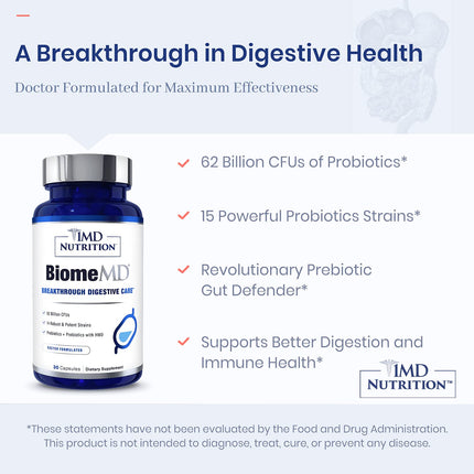 BiomeMD Probiotics by 1MD Nutrition | 62B CFUs, 15 Strains + Prebiotics | Digestive & Immune Support | 30 Capsules