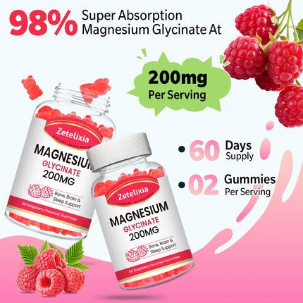 200mg Magnesium Glycinate Gummies – High Absorption Raspberry, 2-Pack (120 Count)