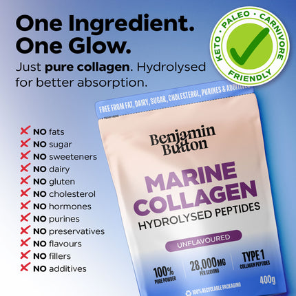 Marine Collagen Powder – 93% Protein, Wild-Caught, 400g Unflavoured | Benjamin Button