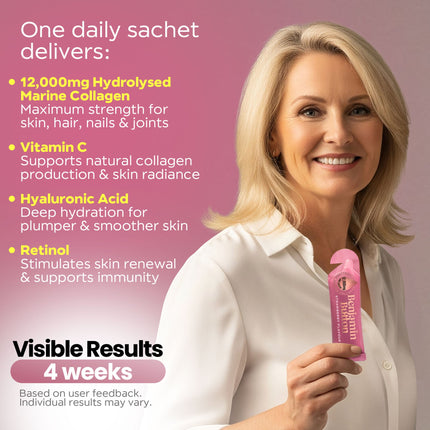 Perimenopause Collagen Strawberry Sachets – 14 Pack (2 Weeks Supply) – 12,000mg Marine Collagen with Chasteberry, Vitamins & Hyaluronic Acid