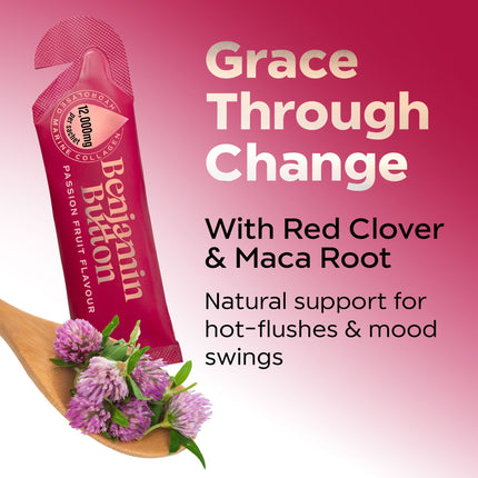 Menopause Collagen Passionfruit Sachets – 14 Pack (2 Weeks Supply) – 12,000mg Marine Collagen with Red Clover, Vitamins & Maca