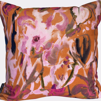 Watercolour Floral Velvet Cushion - Burnt Orange