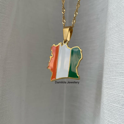 Ivory Coast Flag Map Necklace - Gold