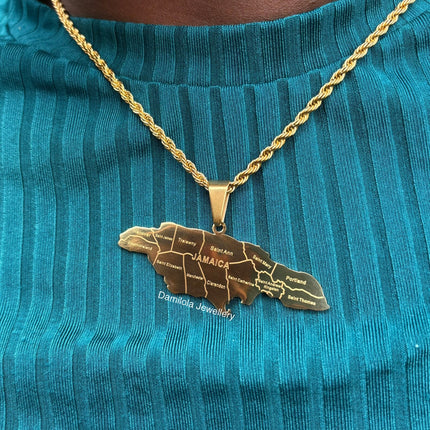 *NEW* Big Jamaica ‘14 Parish’ Engraved Map Necklace gold