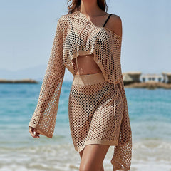 Bell Sleeve Loose Hollow Out Vacation Sun Protection Clothing Suit