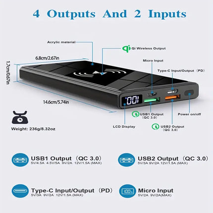Wireless Power Bank 10000mAh | 20W PD + QC3.0 Fast Charging, 15W Wireless Charger with LED Display, 2 Inputs & 4 Outputs for iPhone, Samsung, Huawei, iPad, Headsets