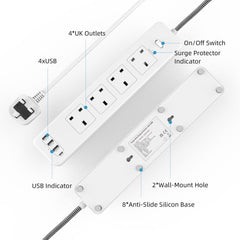 Maplin 2m 4-Socket UK Power Switch Extension Lead with 3x USB-A / 1x USB-C Ports