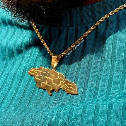 *NEW* Big Jamaica ‘14 Parish’ Engraved Map Necklace gold